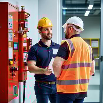 A fire safety auditor conducting a compliance inspection inside a commercial building A fire safety auditor conducting a compliance inspection inside a commercial building