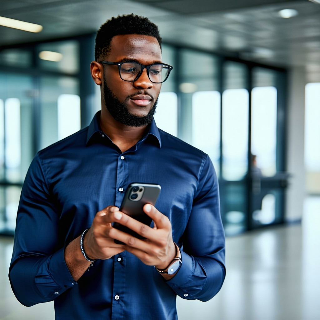Essential Safety Measures Auditor dressed in a navy shirt in a building using a phone to audit on Essential Safety Measures Auditor dressed in a navy shirt in a building using a phone to audit on