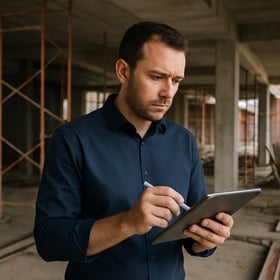 The image a photo should represent a professional auditor dressed in a Navy blue shirt with no other safety equipment auditing a building site using his ipad to write notes-1